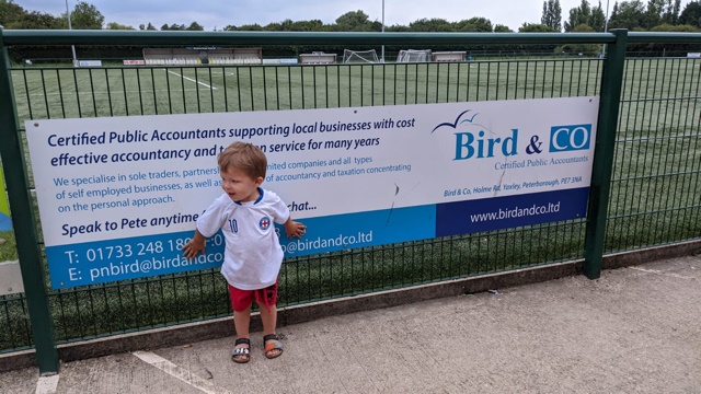 Pete Bird's little grandson Josh Bird at Yaxley football club on 11July 2021 supporting England vs Italy final